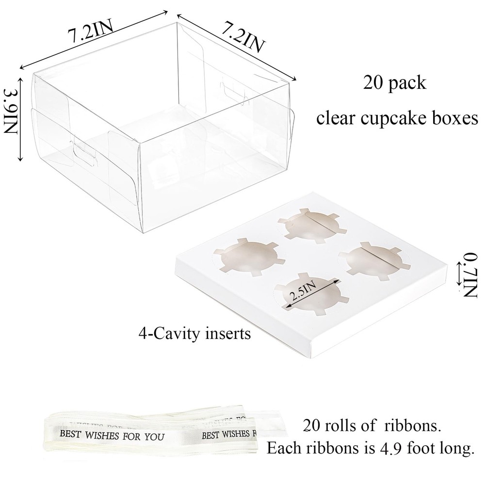 20 Pack Clear Cupcake Boxes with Gift Ribbon, 4 Count Plastic Cupcake Contain...