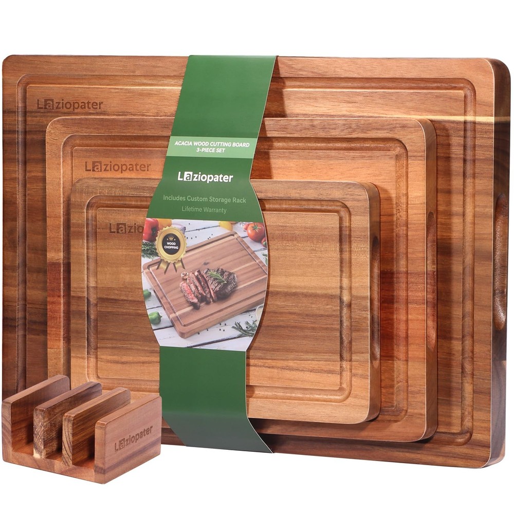 Acacia Wood Cutting Board，Solid Wood Cutting Board for Kitchen with Holder wi...