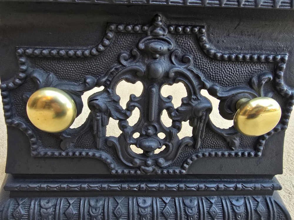 Black Cast Decorative Fire Front With Brass Handles Original Condition