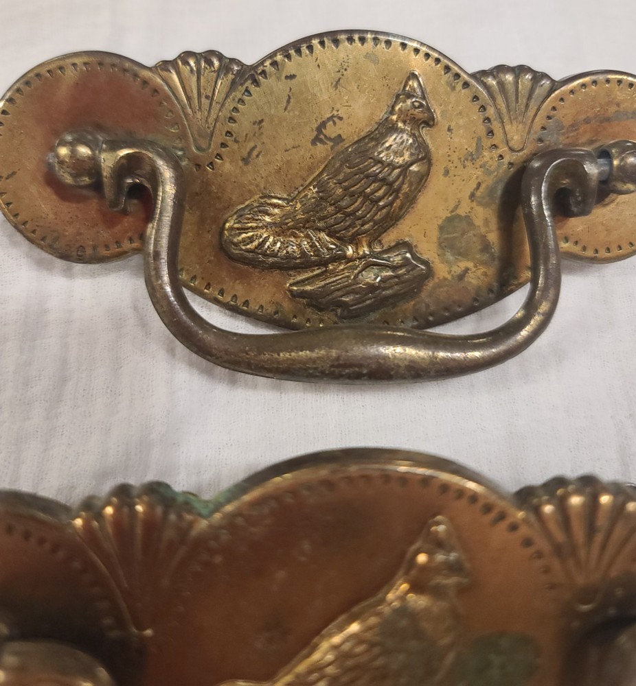 2 Vintage Ornamental Brass Drawer Pulls With Grouse Birds