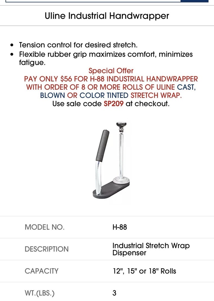 New Open Box Uline Heavy Duty Stretch Wrap Hand Wrapper H-88