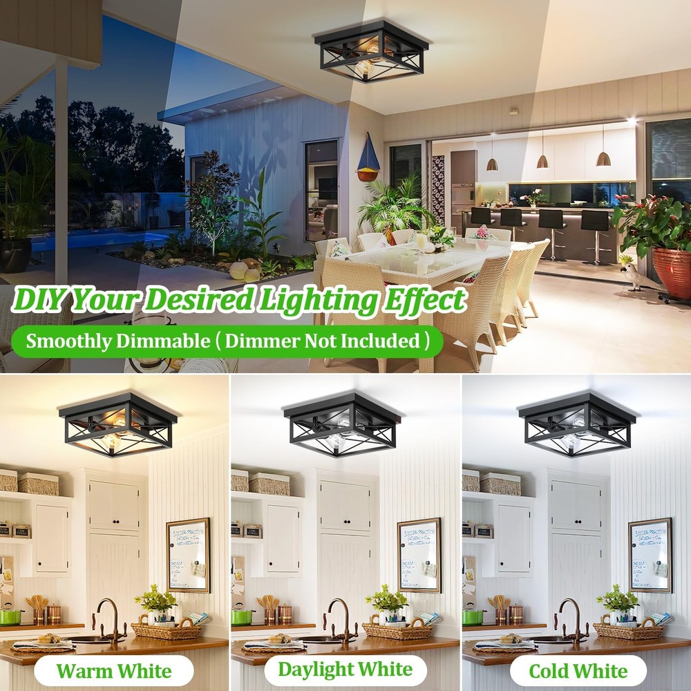 2-Light Industrial Square Flush Mount Ceiling Light, Farmhouse Ceiling Light ...