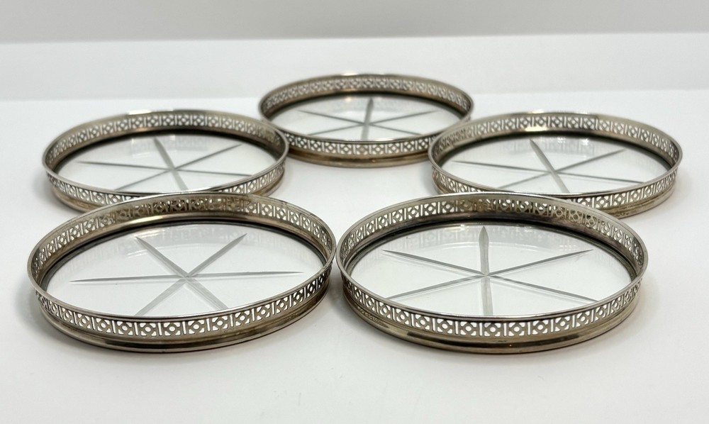 Five Vintage Webster Pierced Sterling / Etched Glass Star Coasters