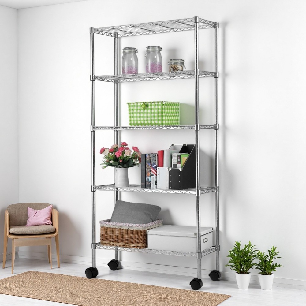 5-Tier Rolling Modular Shelving Unit - Heavy Duty, Adjustable, Metal & White