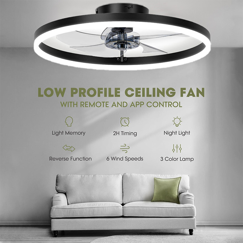 20" Modern Fan Lights Flush Mount LED Ceiling Light kit With APP Remote Control