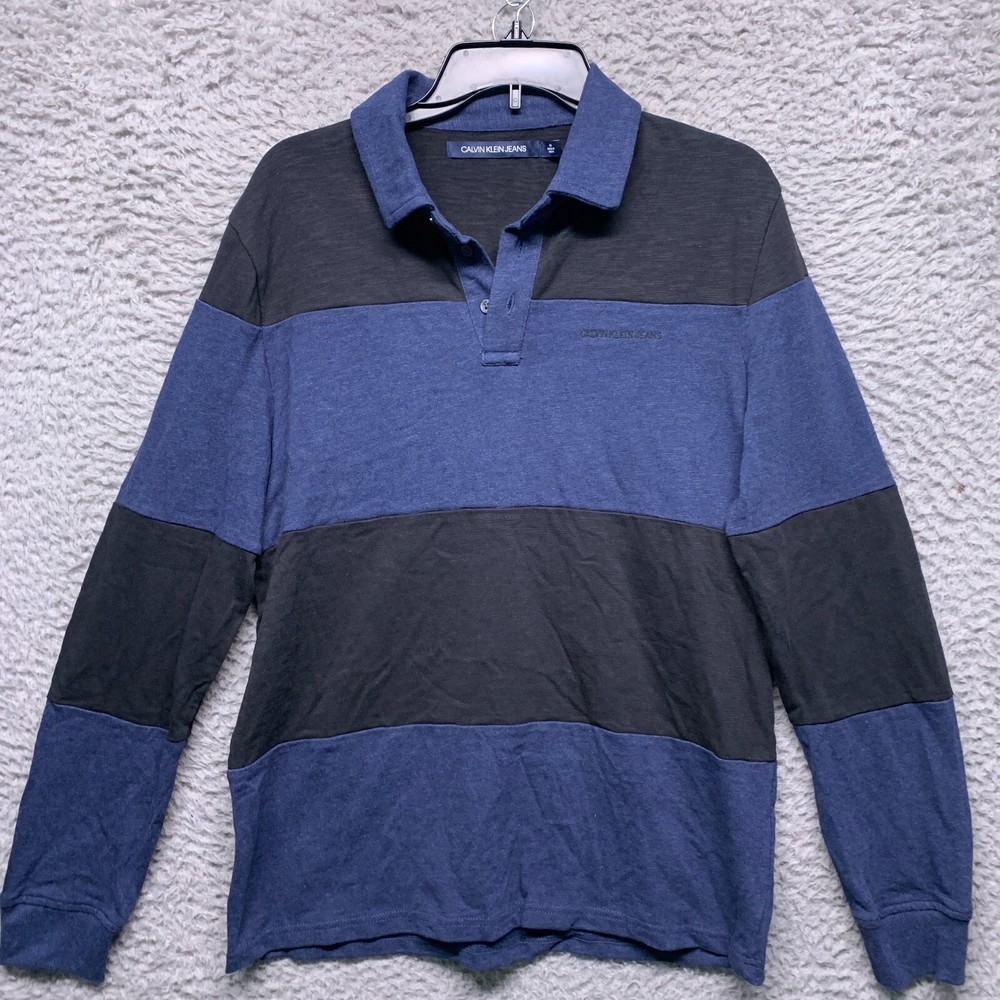Calvin Klein Jeans Mens Blue  M Medium Color Block Polo Pullover Striped