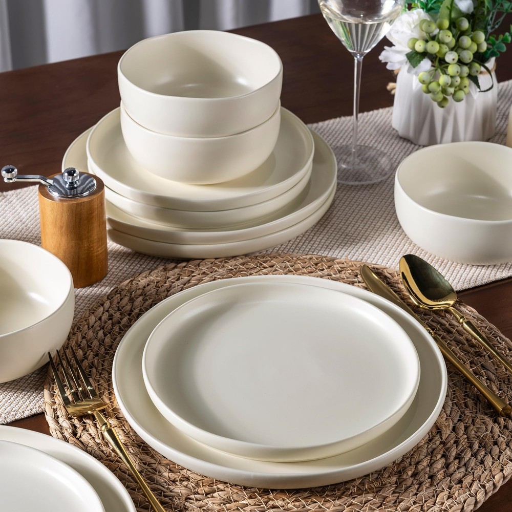 Ceramic Dinnerware Sets, Wavy Rim Stoneware Plates and Bowls Sets,Dishwasher ...