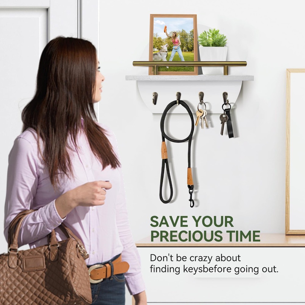 Wall Mount Key Holder Mail Organizer Shelf 4 Hooks Semicircle Rustic Decor