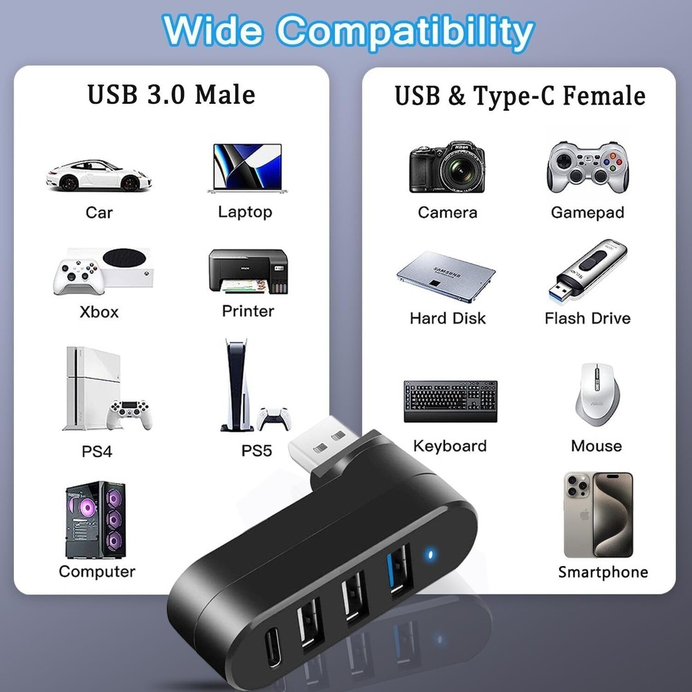 Elegant 4-Port USB 3.0 Hub with Rotatable Design & PD USB-C - Fast Data Transfer