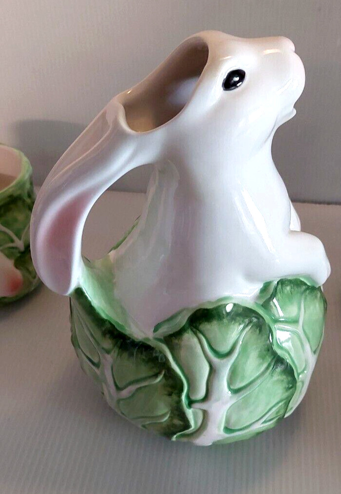 Bunny Rabbit in Cabbage Pitcher Rabbit 8" Tall Green and White Easter Spring