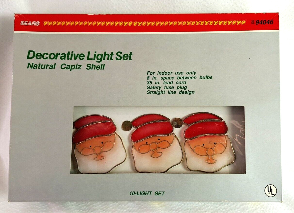 Vintage Natural Capiz Shell Santa String Lights Sears Christmas 10 Light Set