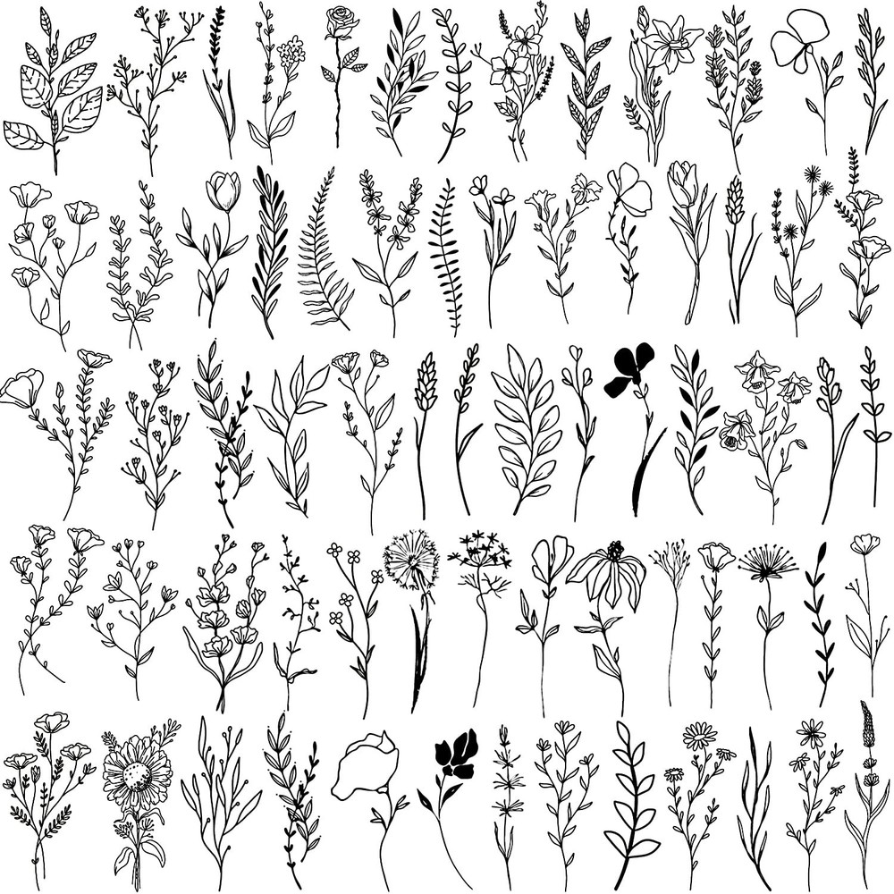 Cerlaza 75 Styles Tiny Black Flower Branch Temporary Tattoos For Tiny,