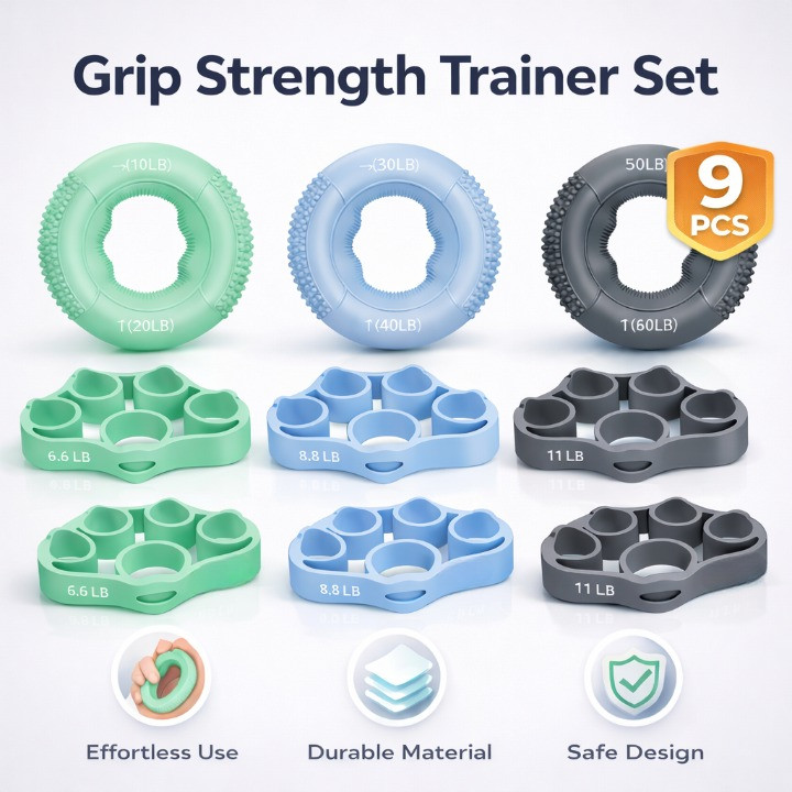Grip Strength Trainer Kit 9PCS Hand Gripper Finger Exerciser Forearm Strength