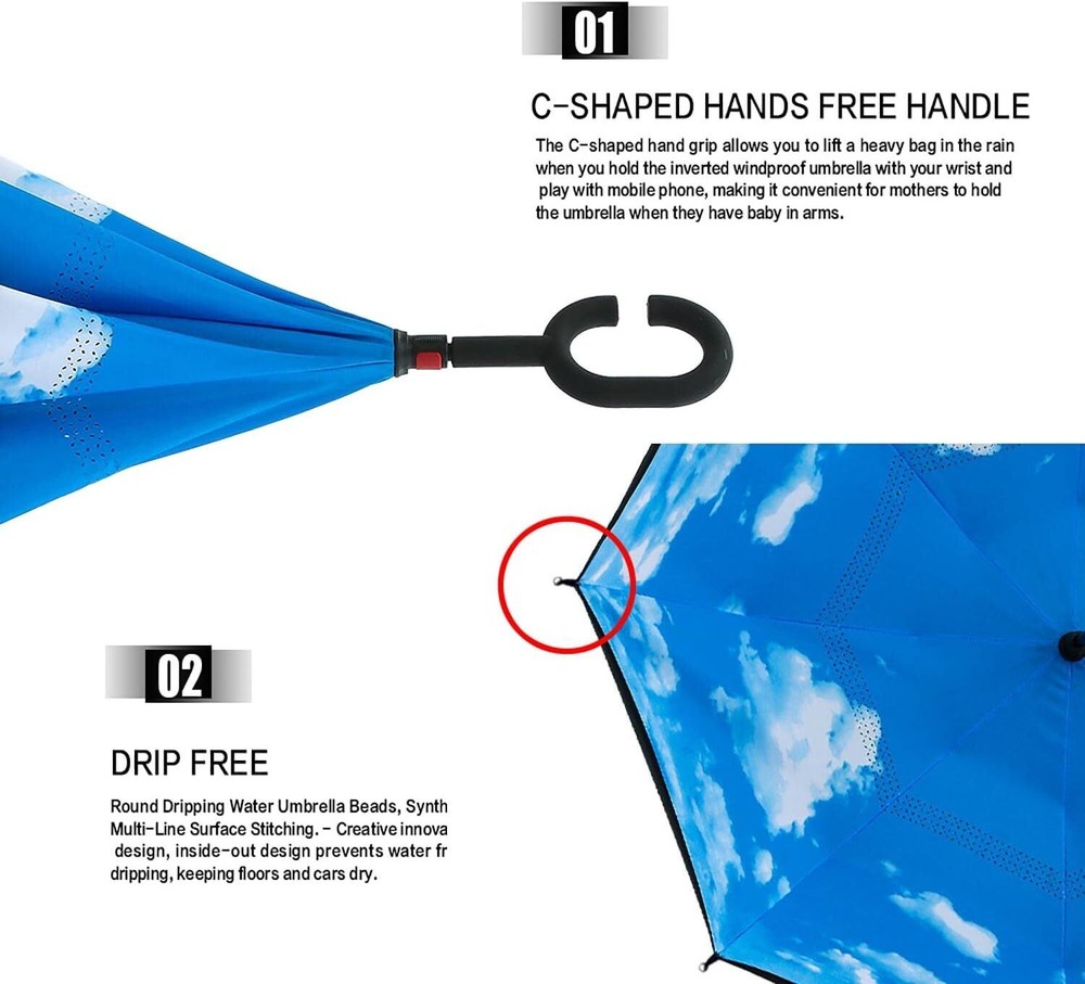 Reverse Umbrella Windproof Double Layer C-Handle Inverted Folding in Cloud Print
