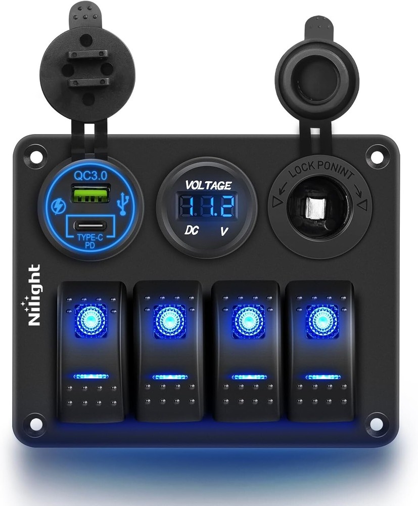 Nilight 4 Gang Rocker Switch Panel Waterproof Pre-Wired Aluminum Panel