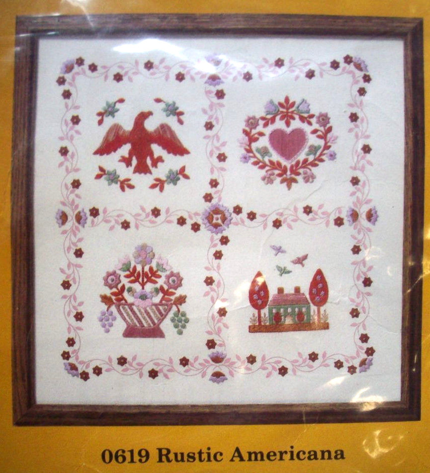 Rustic American sampler embroidery kit Eagle flowers heart house