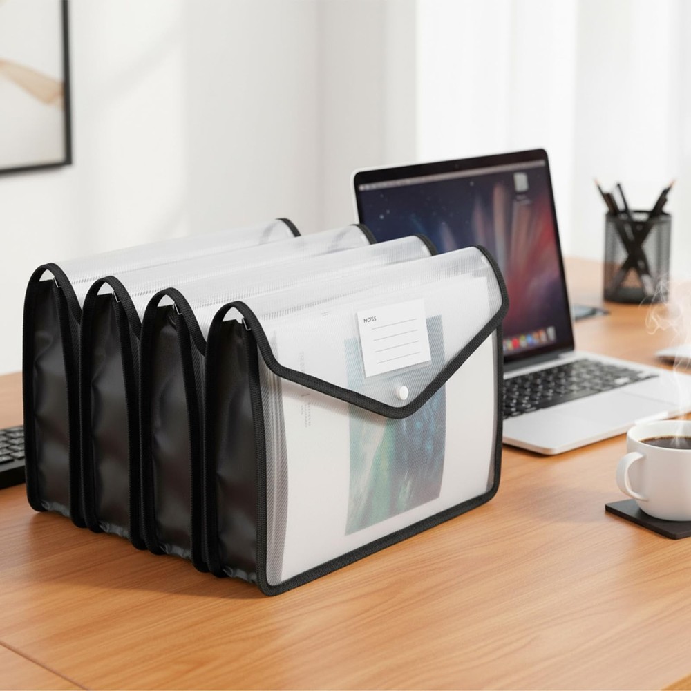 7 PCS Plastic Expanding File Folder Black Transparent Envelopes with Snap Clo...