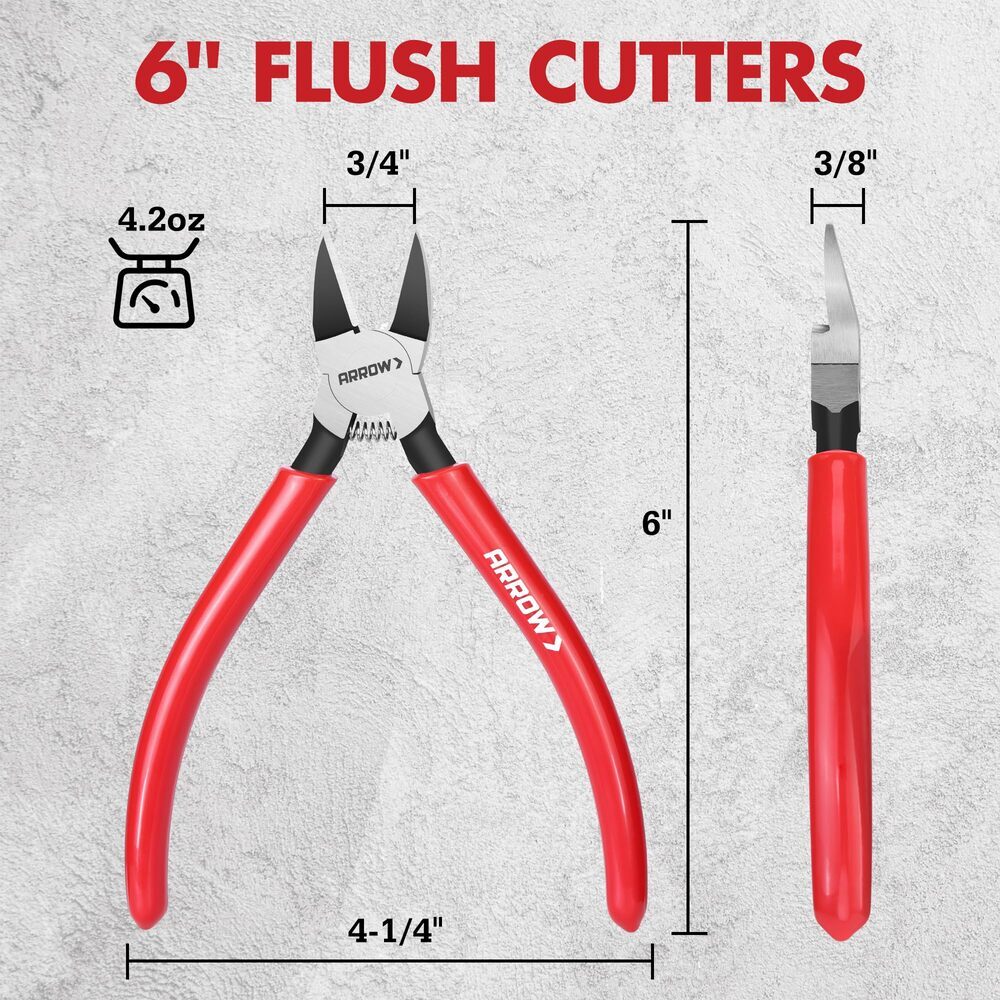 ARROW 6" Precision Wire Cutters Diagonal Flush Cut Plier Spring Load Side Cutter