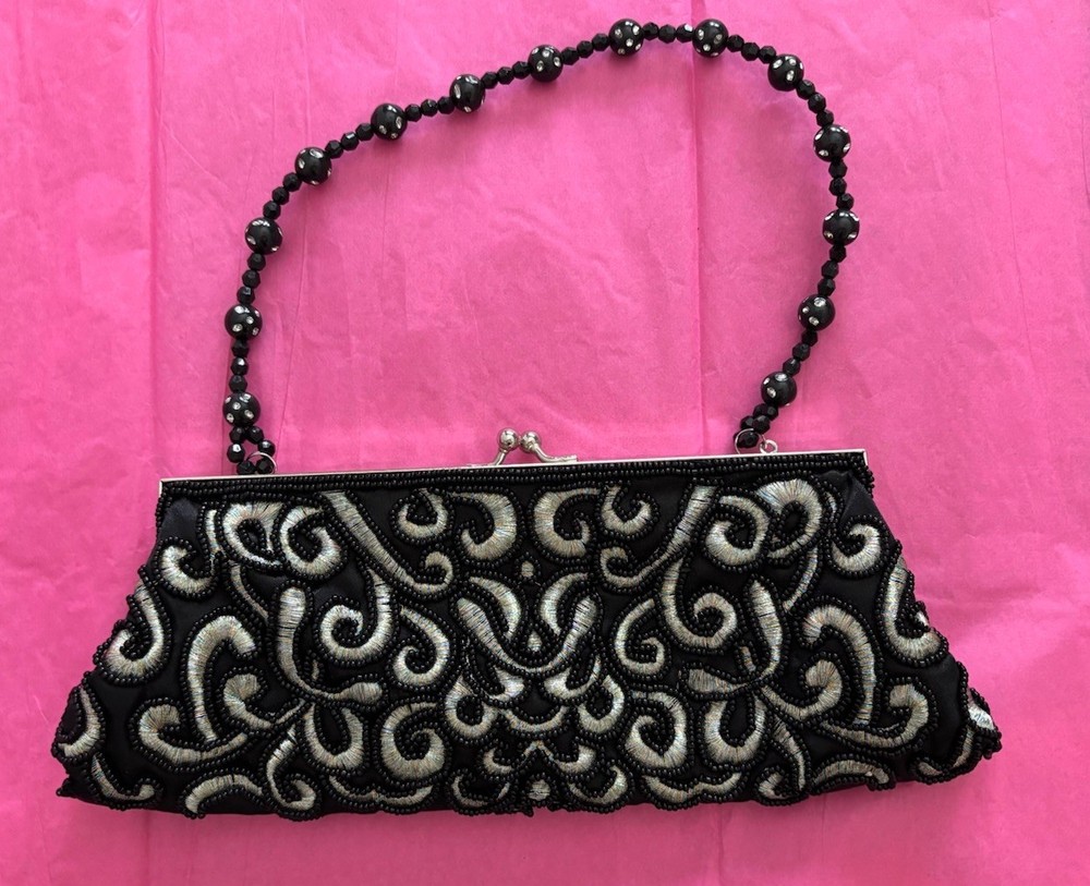 Beaded Black Silver Purse Clutch