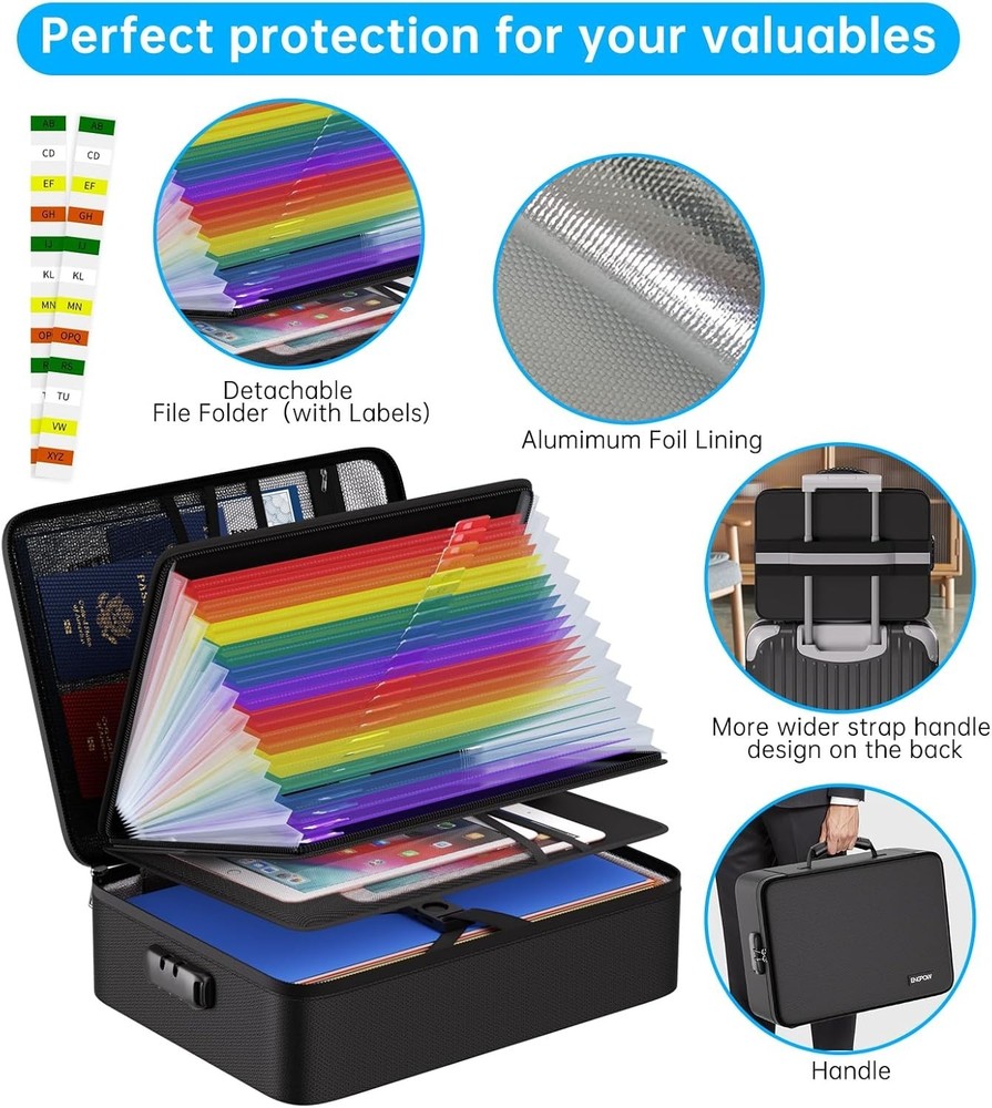 Fireproof Document Box with Lock - 5200℉ Water-Resistant Organizer, 25 Pocket...