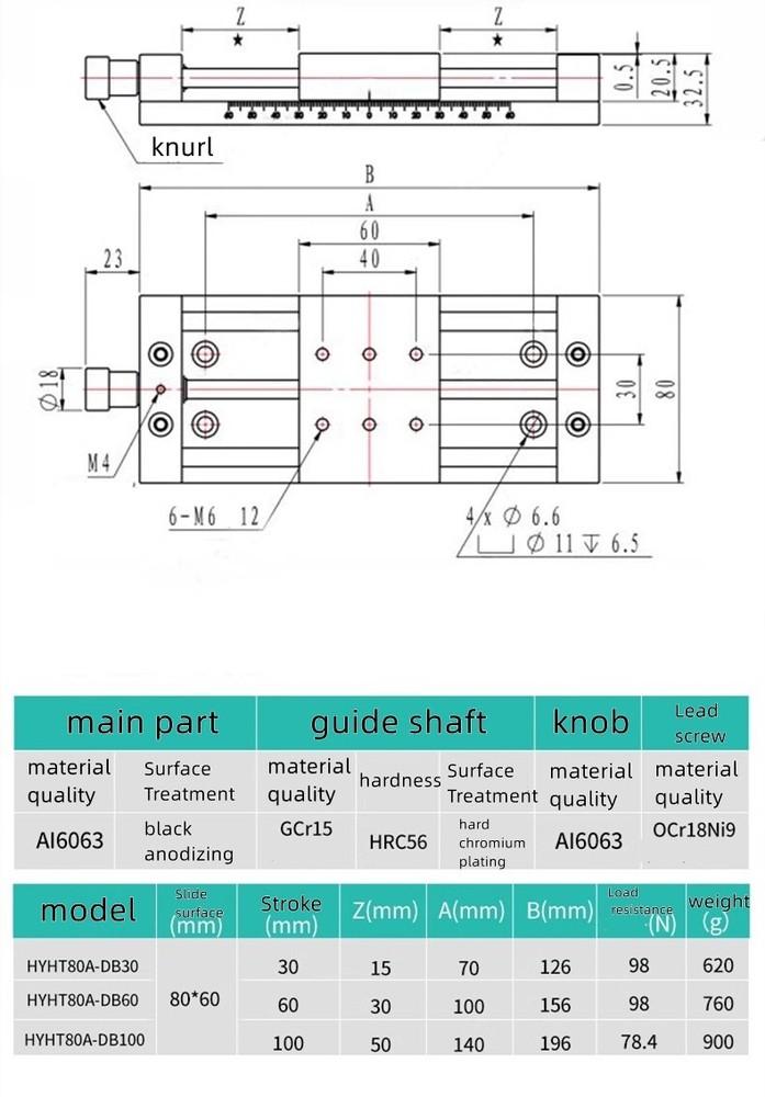 X - Axis 80A-DB100 Manual Linear Stage Translation Displacement Platform 80x60mm