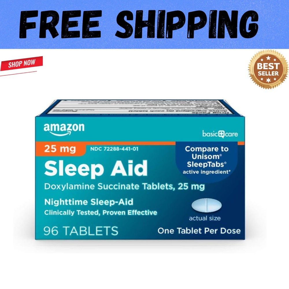 Amazon Basic Care Sleep Aid, Doxylamine Succinate Tablets 25mg, 96 Count