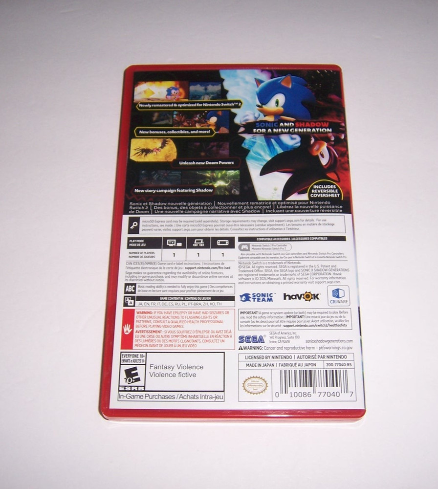 Original Box Case Replacement Nintendo Switch 2 for Sonic Shadow Generations