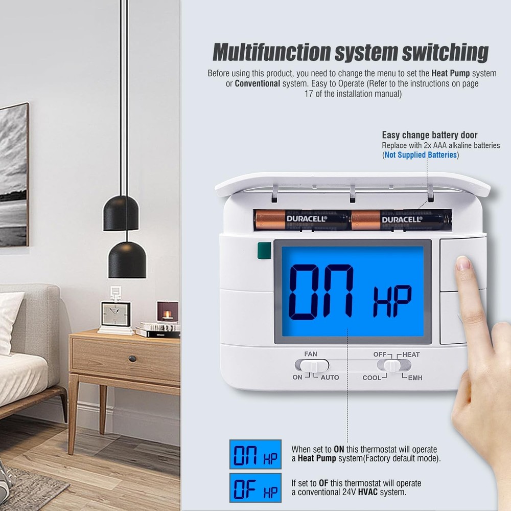 Thermostat Non Programmable Heat Pump for House Blue Backlight