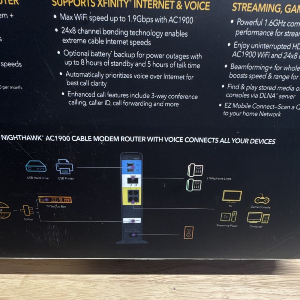 NETGEAR Nighthawk AC1900 Cable Modem Router C7100V DOCSIS 3.0 XFINITY 960Mbps