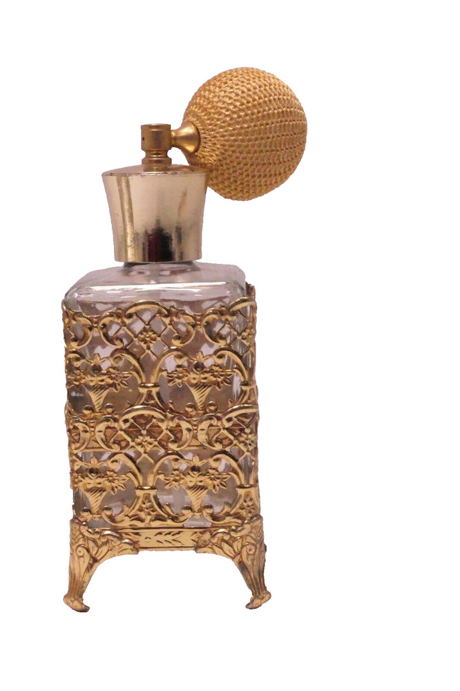 Perfume Bottle Set with Atomizer Cap and Gold Filigree Covers