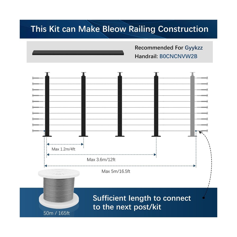 Cable Railing System - 4Pack Adjustable Line Post Kit with 160ft Cable, 10 Te...