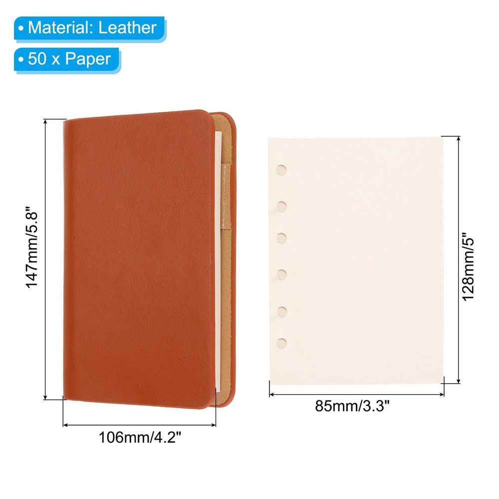 6 Ring Binder Cover A7 Leather Notebook Binder with 50 Sheets Paper, Orange