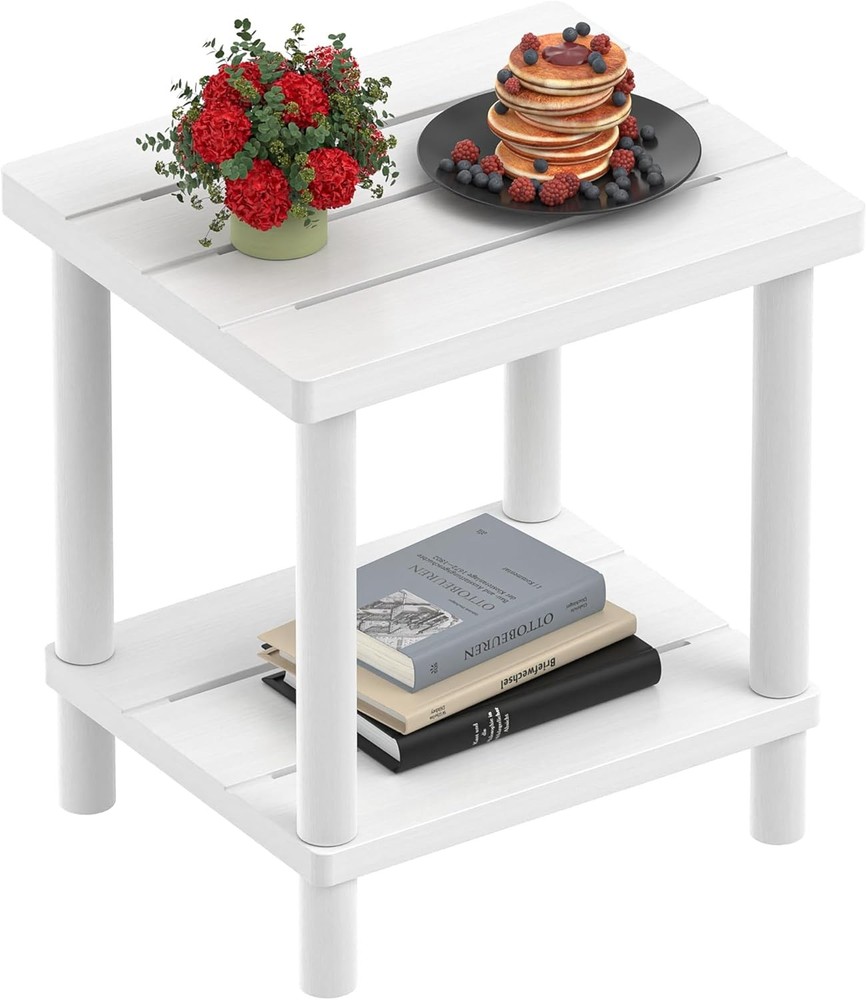 Outdoor Side Table, 2-Tier Small Outdoor Table for Patio, Square Table White