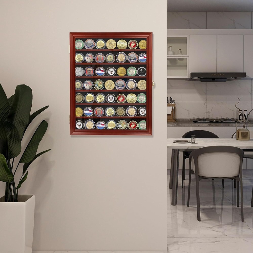 Premium Lockable Challenge Coin Display Case - Mahogany Finish, Wall Mountable