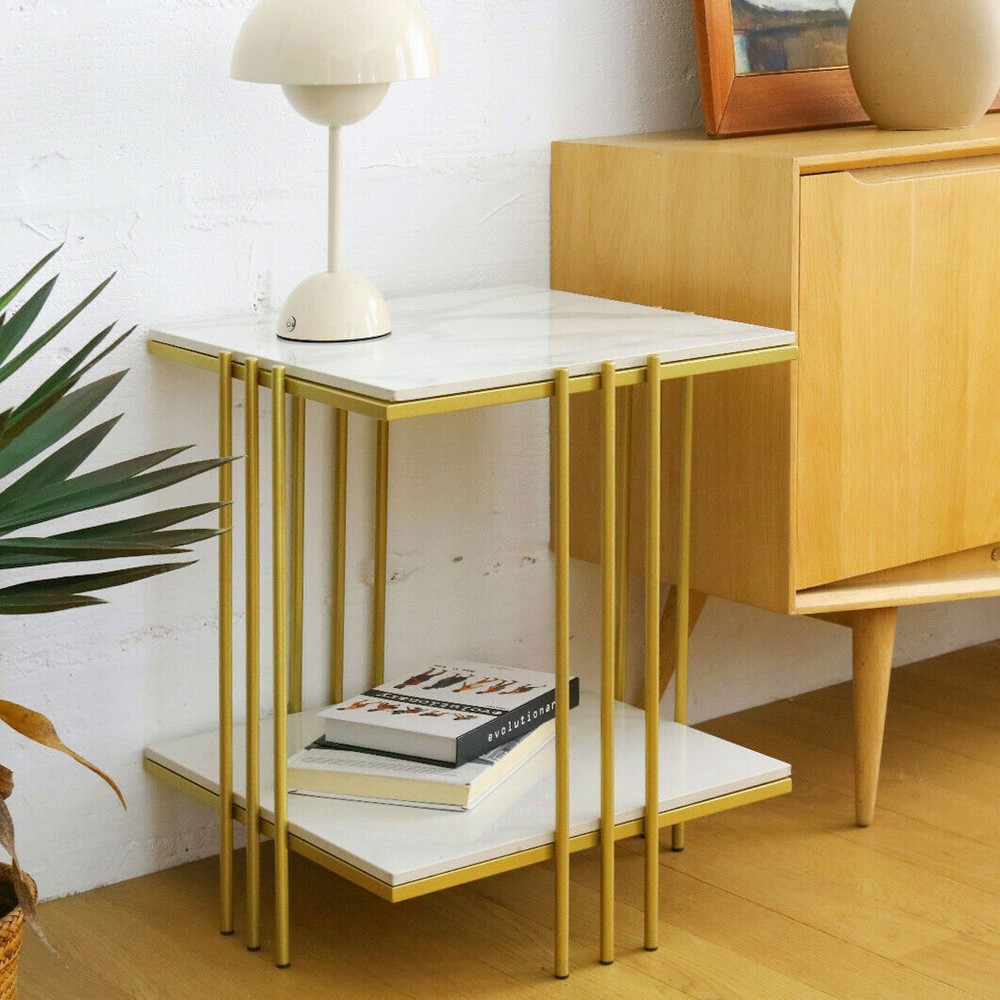 Solid Heavy Square Side End Tables Real Marble Top & Bottom Shelves Glod/ Black