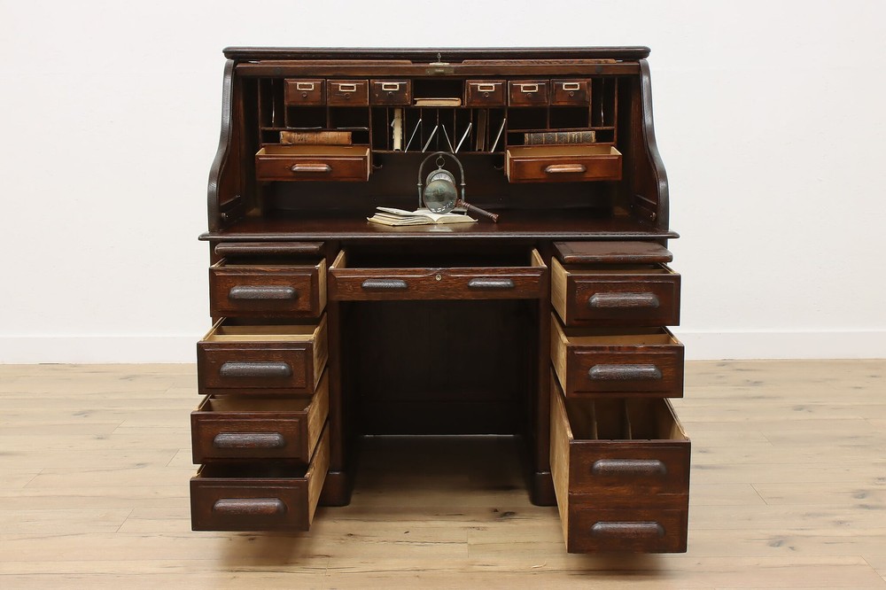 Victorian Antique Oak Roll Top Office Library Desk, Maple #55823