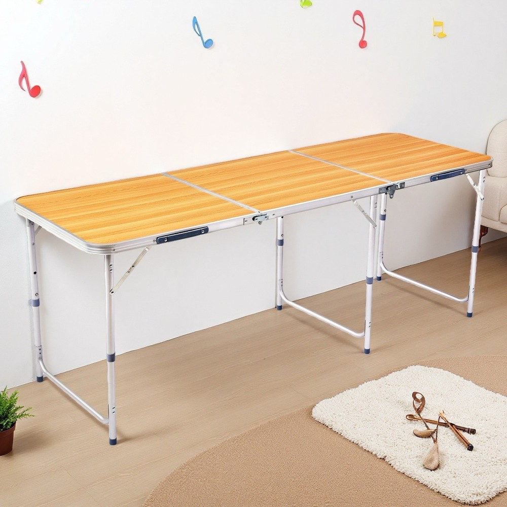 Folding Camping Table 6ft - Adjustable Height, Aluminum & Wood Grain Patio Table
