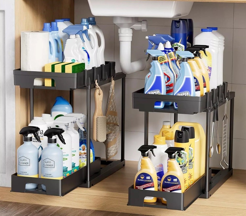 Delamu Under Sink Organizers and Storage, 2 Pack Pull Out Kitchen Black