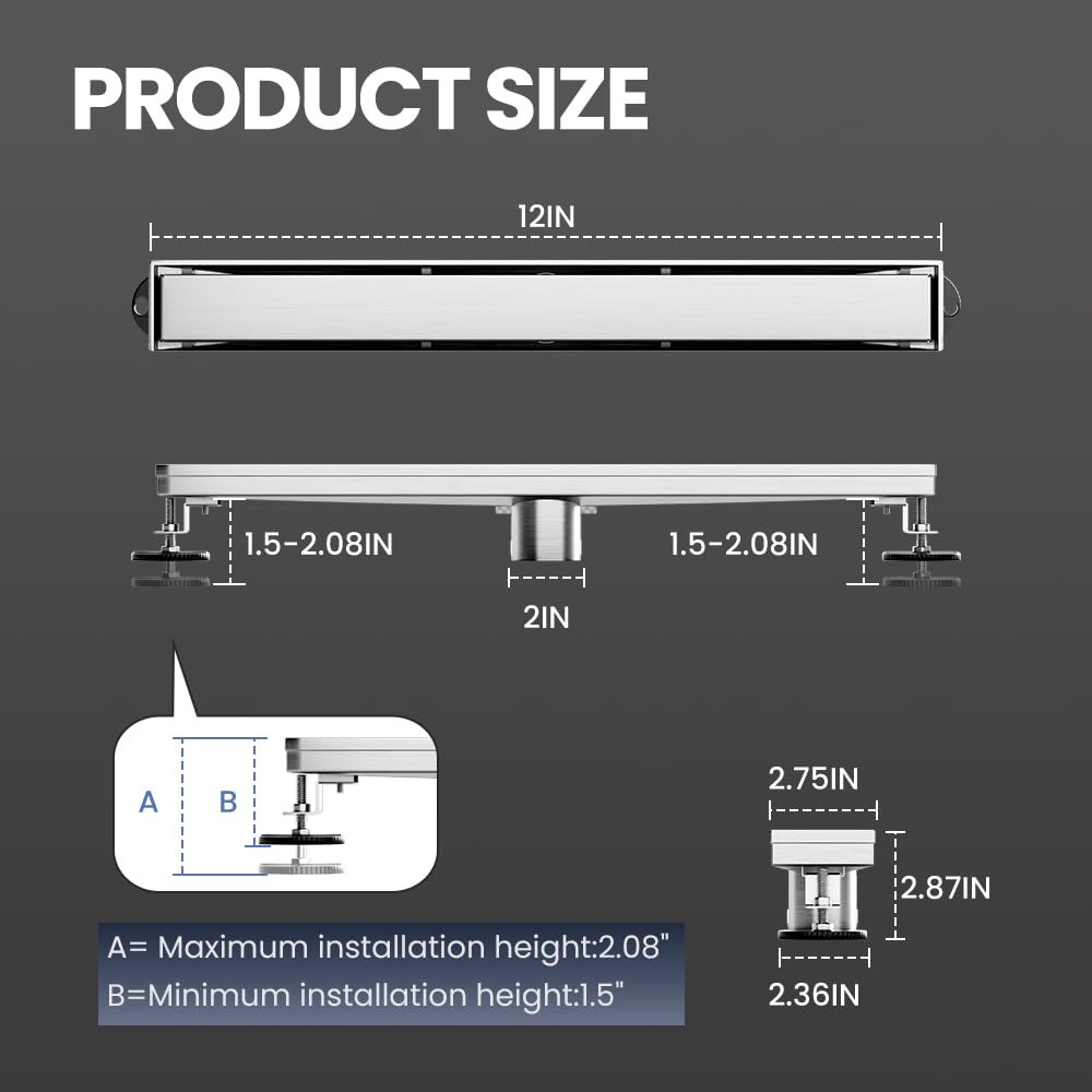 Linear Shower Drain 12 Inch, Shower Drain with 2-in-1 Tile Insert Panel, Brus...