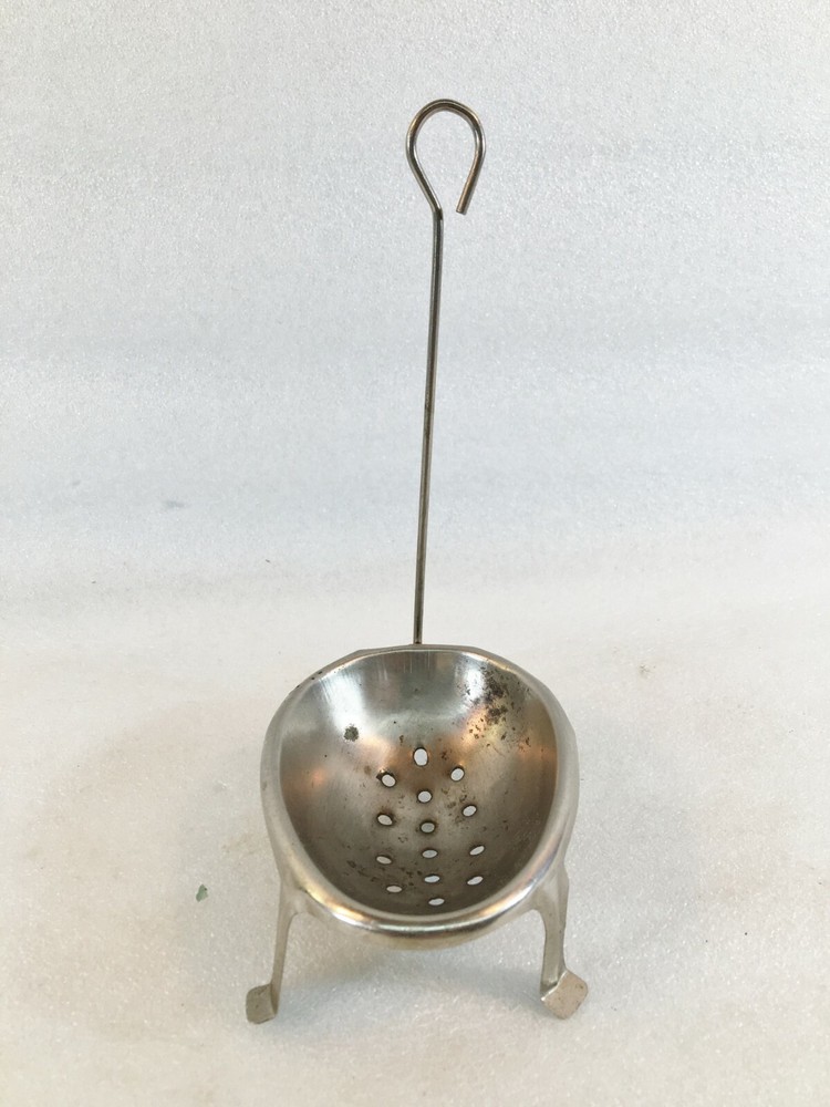Vintage Metal Tin Egg Shaped Oval Footed Strainer w/Wire Handle