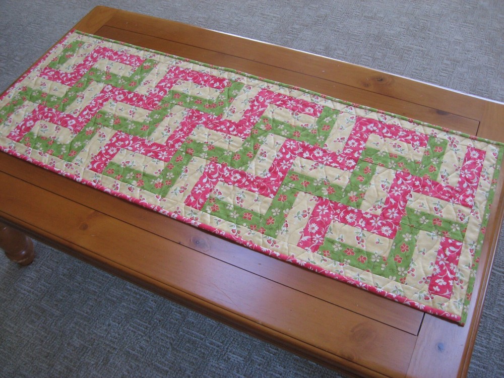 Handmade Quilted Table Runner, Summer Florals 3-Rail Fence