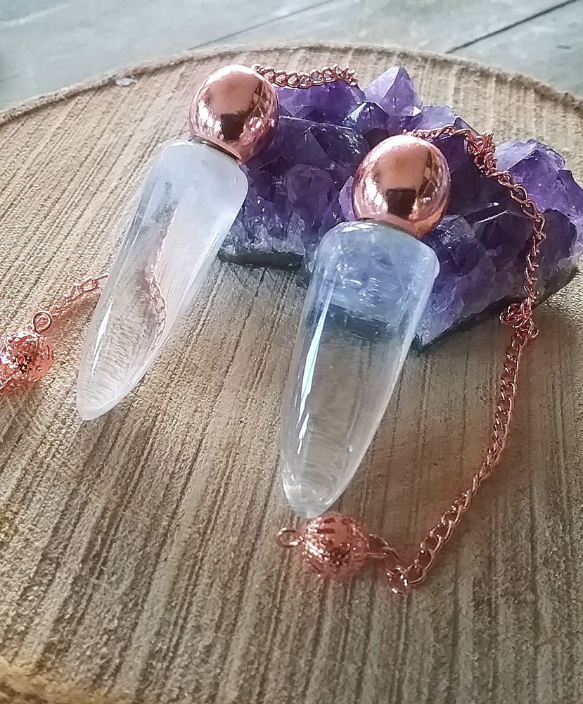 CRYSTAL DOWSING PENDULUM, Teardrop CRYSTAL QUARTZ PENDULUM With Copper Ball Top