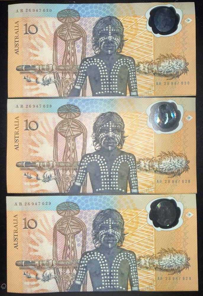 1988 Australian Bicentennial $10 Notes x3 Consecutive Johnston/Fraser AB Prefix