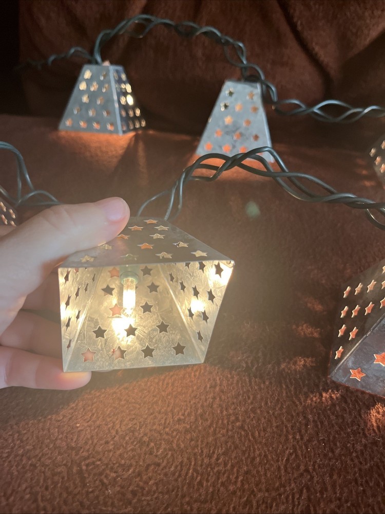 Galvanized Punched Metal Stars String Light Shade Covers ~ 10 Lanterns L 86”