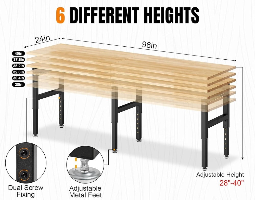 96”Adjustable Work Bench, 5000 LBS Capacity Heavy Duty Workbench with Power Outl