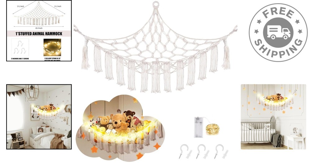 Jumbo White Stuffed Animal Hammock with LED Light – Chic Corner Storage Solution