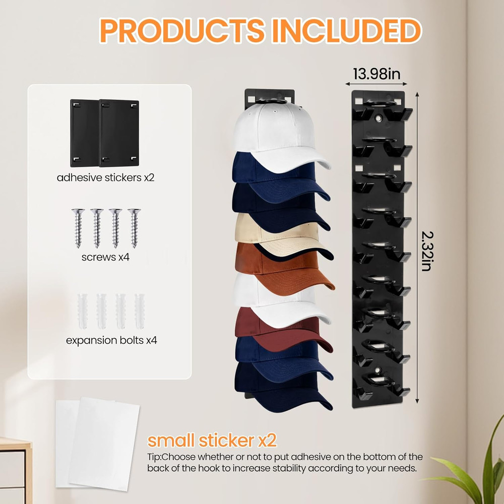 2 Pack Black Hat Organizer - Hat Rack for Wall & Cap Organizer, Strong Adhesive