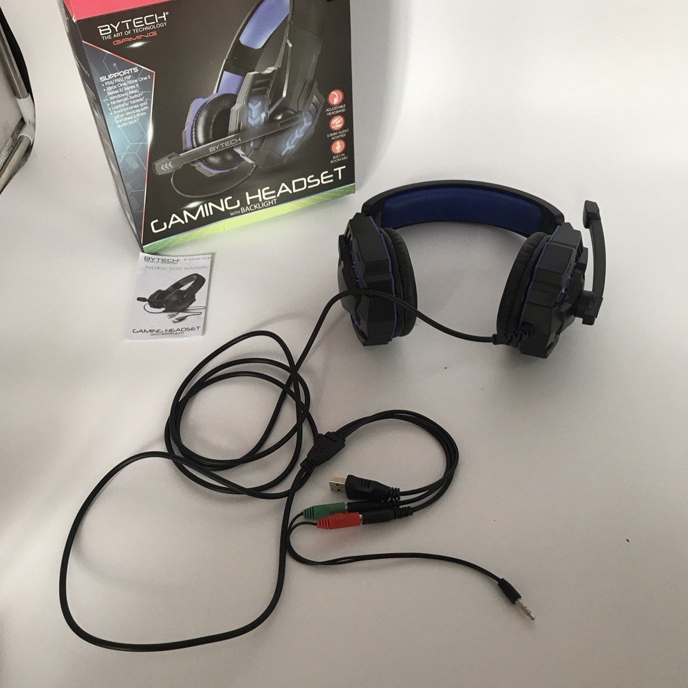 Bytech Gaming Headset Black Blue Backlight Adjustable Headband 3.5mm USB Mic