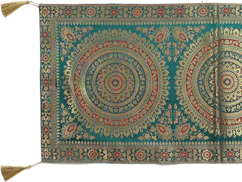 Indian Wedding Green Decor Table Runner Boho Brocade Elephant Linen Tablecloth