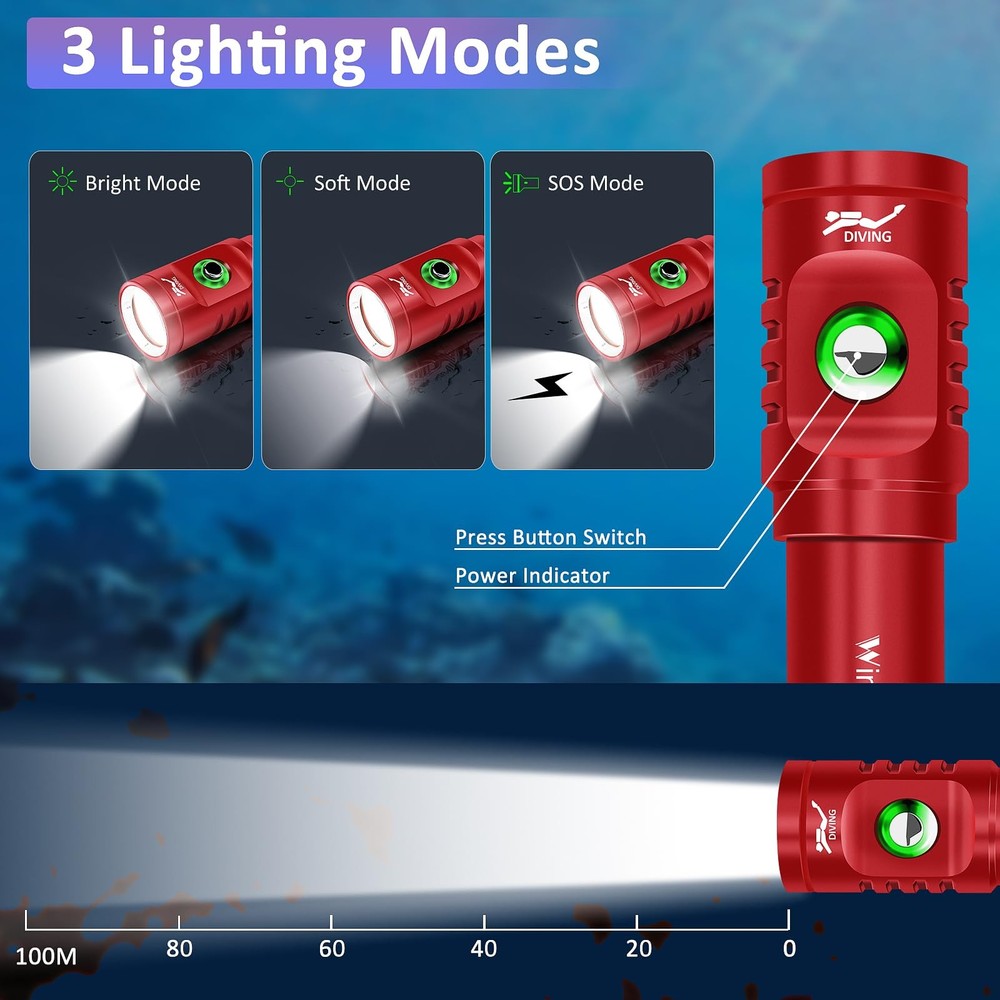 WINDFIRE TS08 Dive Light Super Bright, Scuba Flashlight Red-TS08